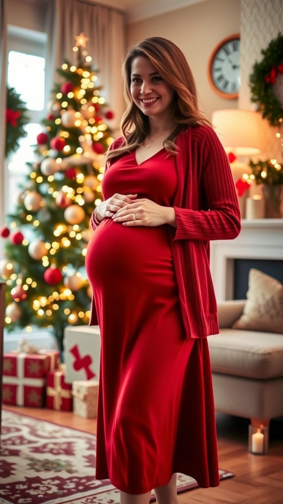 Pregnant woman in a red A-line dress and cardigan, standing by a Christmas tree.